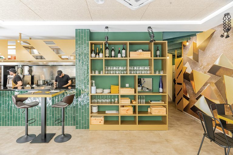 Olive-green tiles custom made by Decocer for “very special” street-tavern